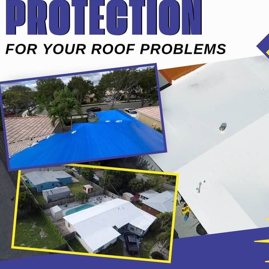 Full House Wrap graphic headed "Protection for your roof problems", showing a tile roof under a blue tarp, two houses wrapped in white from the air, and a large white-wrapped roof alongside