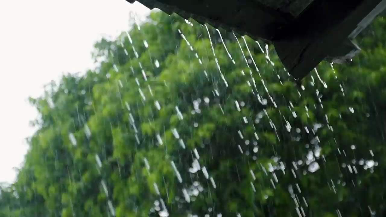 Heavy rain pouring off the edge of a roof during a South Florida storm